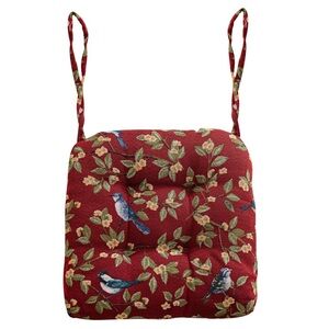 Floral Bird Print Chair Cushion in Burgundy Red